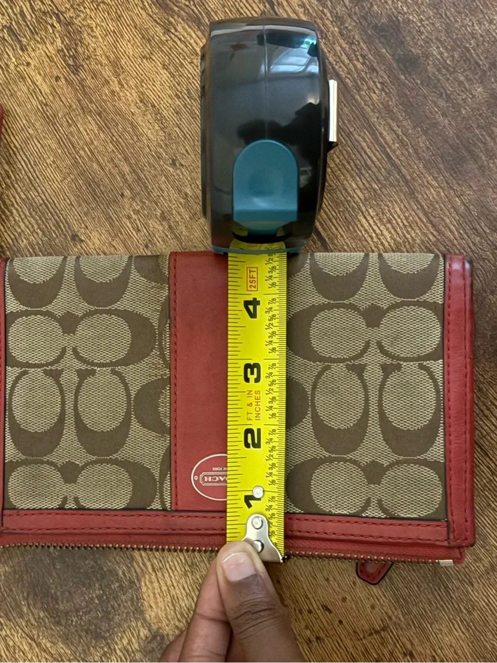 Coach Brown Signature Canvas Wristlet with Red Leather Trim